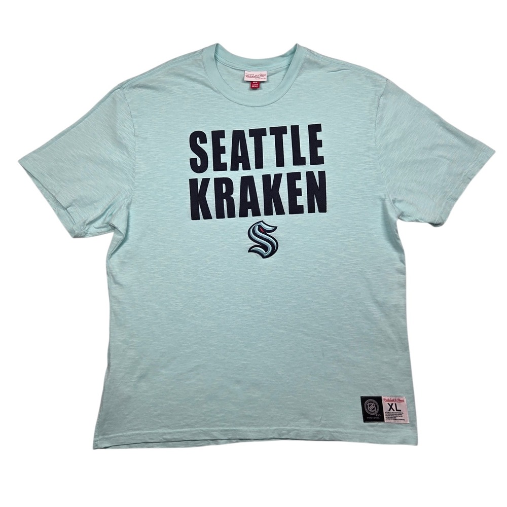 Mitchell & Ness Seattle Kraken NHL T-Shirt XL Blue Felt Applique Slub Knit Tee